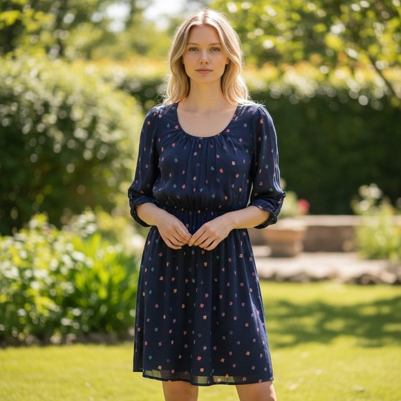 American Eagle Outfitters Dresses & Skirts - American Eagle navy v-neck leaf print mini dress 3/4 sleeve elastic waist Size-S